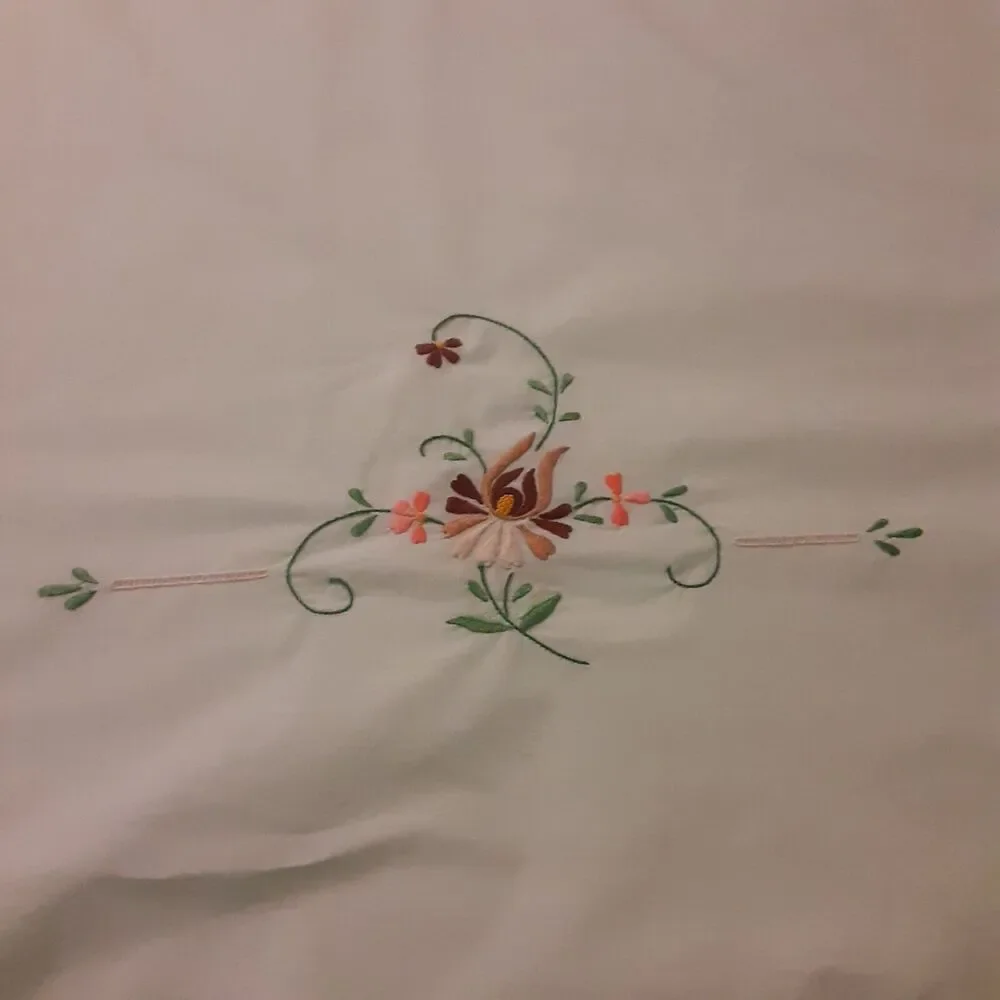 Vintage Handmade Needlepoint Scalloped Floral Tablecloth Intricate Beautiful